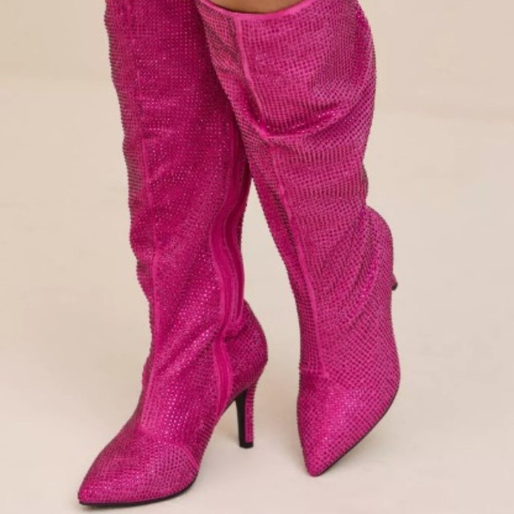 Torrid Pink Embellished Rhinestone Slouch Knee Heel Boots Wide width & Calf 7WW